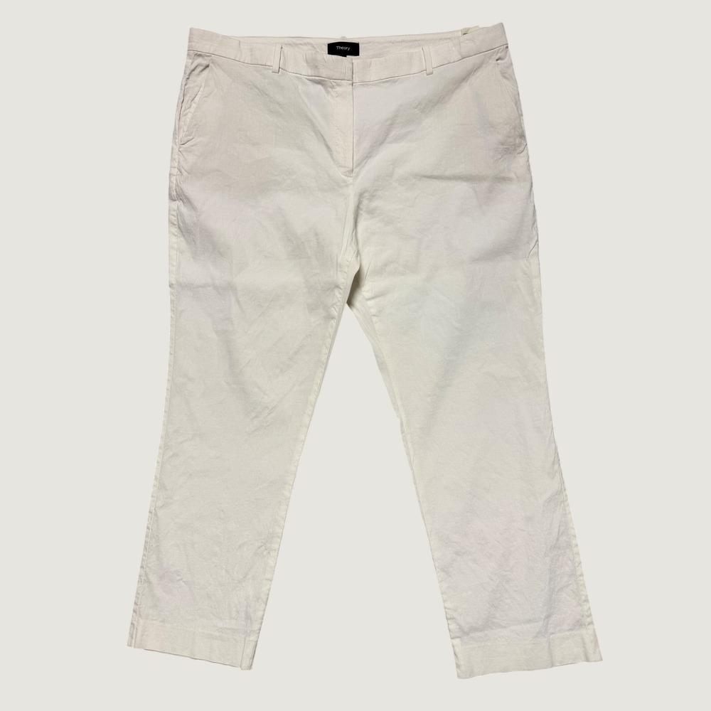 Theory White Eco Crunch Linen Tailor Trouser Pants Size 16 Straight Leg